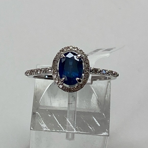 10K White Gold Oval Shape Blue Sapphire and Diamond Halo Ring NEW - Picture 14 of 15